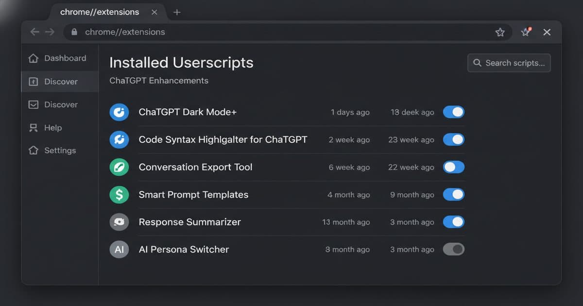 Tampermonkey dashboard showing installed ChatGPT userscripts