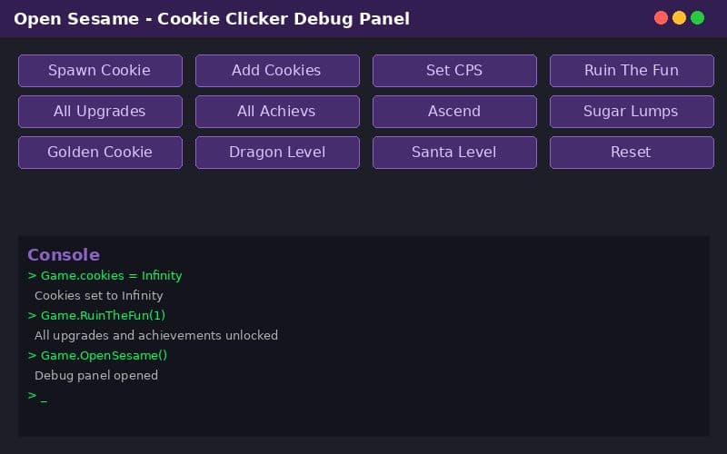 Cookie Clicker Open Sesame debug panel showing cheat options