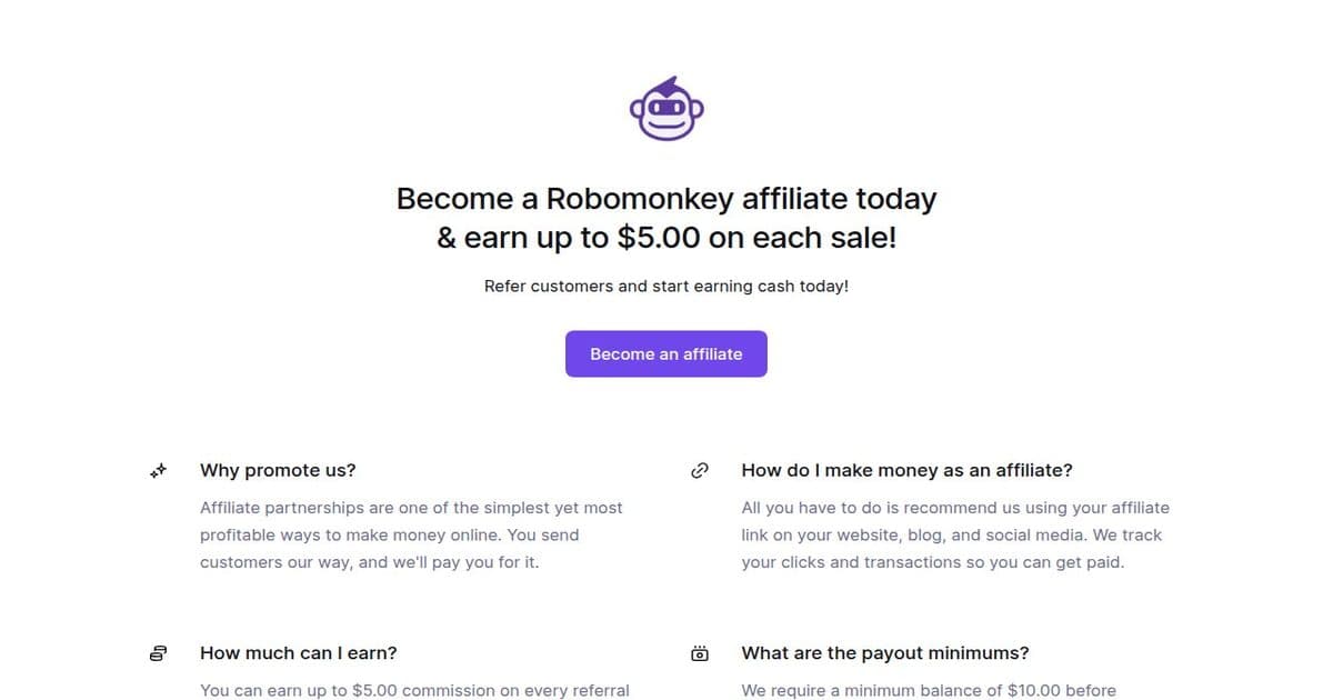 Robomonkey affiliate program page on Lemon Squeezy